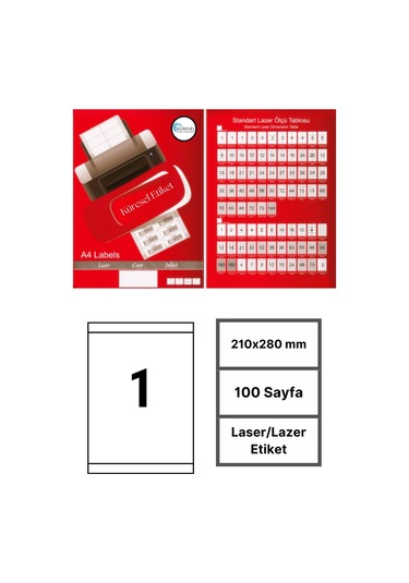 Laser Etiket 210x280 Mm No: 1 5 Paket 100 Sayfa Lazer Etiket 1