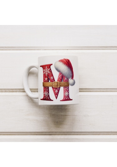 M Harfi Yılbaşı Temalı Bardak 330 Ml Harfli Kişiye Özel Hediye - Yeniyıl / Noel Şapka Tasarım Beyaz