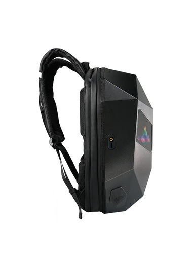 Led Kırmızı Göz Maskeli Akıllı Sırt Çantası - Sert Kasa, Usb Şarj Girişli Teknolojik Çanta Siyah