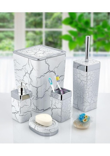 Novahub Akrilik Gümüş Çizgi Gümüş Mermer 5'li Kare Banyo Seti Beyaz Beyaz