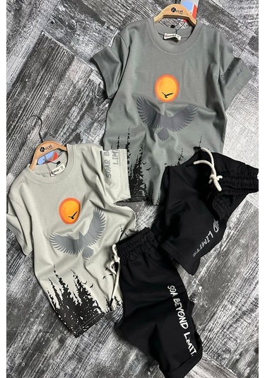 Kartal Desenli Gri Renk Erkek Çocuk Şortlu Takım Gri
