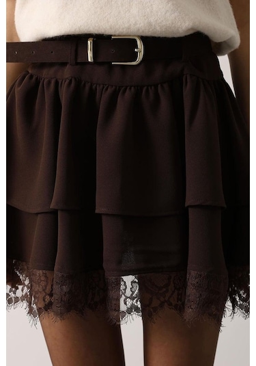 Cemo Dantel Detaylı Kat Kat Mini Etek Kahve