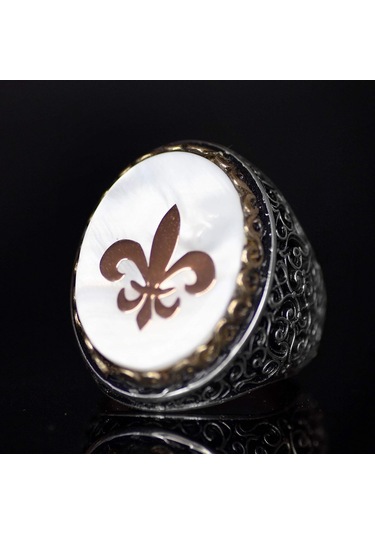 Regal Ve Sembolik Erkek 925 Ayar Gümüş Yüzük - Zambak Sembolü Ve Doğal Taşlarla Süslenmiş Gümüş