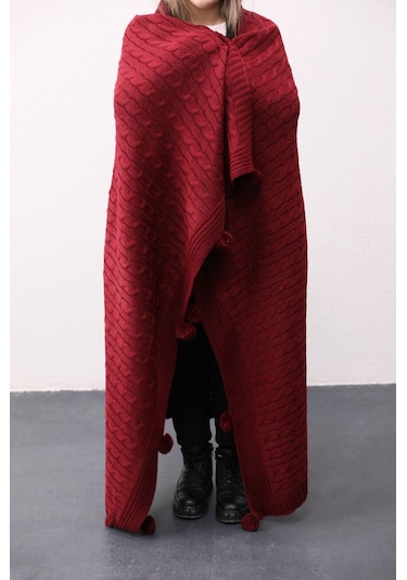 Biocotton Triko Ponponlu Örgü Tv Battaniyesi - Bordo