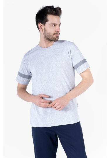 T 2830 Bisiklet Yaka Reflektörlü T-shirt Gri Melanj