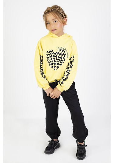 Kız Çocuk İki İplik Kumaş Orta Kalınlıktaa Baskılı Örme Basic Eşofman Takımı Sarı