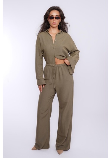Madmext Haki Keten Kadın Gömlek Pantolon İkili Takım Mg2356 Haki