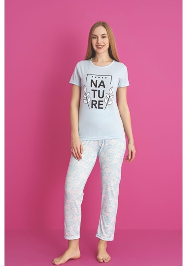 Dreamy Pamuklu Desenli Kısa Kollu Pijama Takımı Mavi