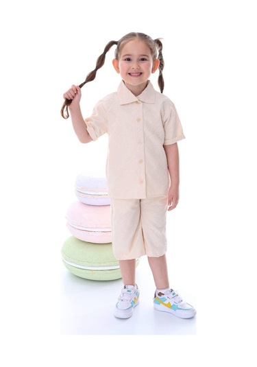 Kız Çocuk Desenli Gömlekli Takım-6366-Krem