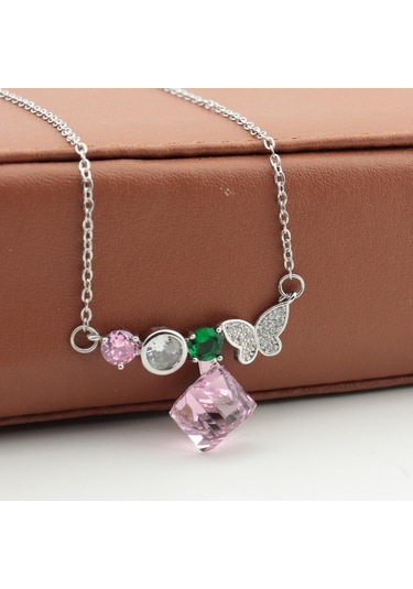 Pigado Paslanmaz Çelik Küp Kristal Taşlı Kelebek Çelik Kolye Gri