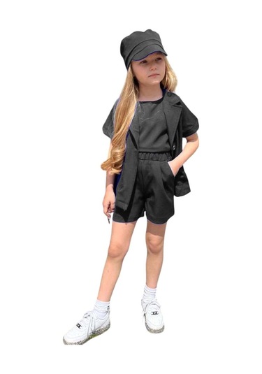 Riccotarz Kız Çocuk Kolsuz Penye Bluz Kısa Kollu Blazer Ceket Şapkalı Siyah Şortlu Takım Siyah