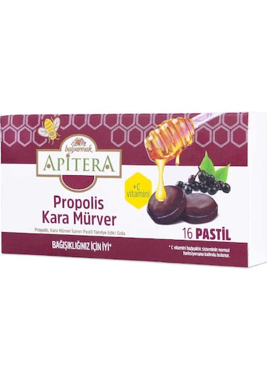 Apitera Doğal Bal, Kara Mürver, Zerdeçal, C Vitamini Ve Propolis İçeren Takviye Edici 96 Lı Boğaz Pastili