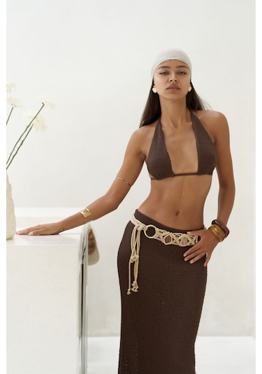 Mai Collection Mai Studios Co. Pangestu Üçgen Kahve Crop Etek Triko Takım Kahve