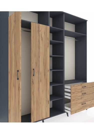 Hyperion Dolap 9 Raflı 3 Çekmeceli 2 Askılı 220x44x243 Antrasit-çam/çam Atlas Çam/atlas Çam