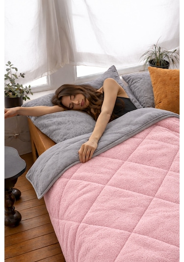 Pamuklu Lüks Çift Taraflı Çift Kişilik Welsoft Yorgan 195x215cm Pembe-gri