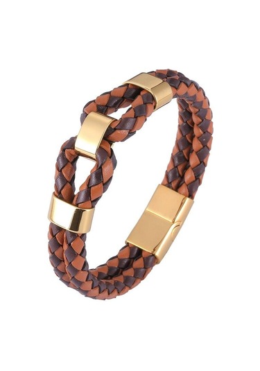 Örme Deri İp Erkek Takı Moda Paslanmaz Çelik Erkek Deri Bileklik Çift Katmanlı Tasarım Çok Renkli Kombinasyon Takı Turuncu