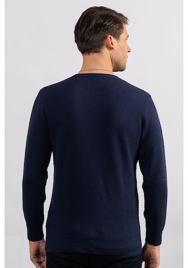 Tudors Slim Fit Dar Kesim Bisiklet Yaka Petek Desenli Erkek Kazak-23477 Lacivert