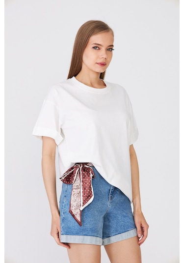 Hdm Kadın Ekru Basic Oversize %100 Pamuklu Rahat Kesim Günlük Tişört - H6041