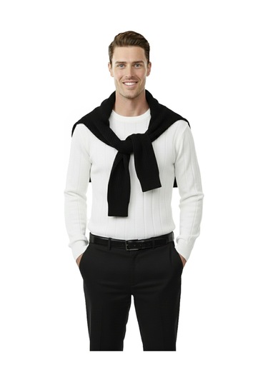 Deepsea Beyaz Dar Kesim Likralı Erkek Triko Kazak Bisiklet Yaka Şık Tasarım 2605433 Beyaz