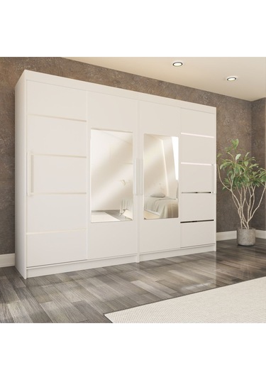Sürgülü Gardırop Dört Kapaklı 280/210 Cm Parlak Beyaz