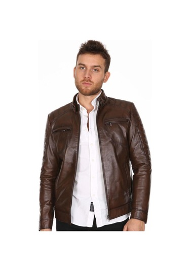 Hakiki Kuzu Derisi Fermuarlı Erkek Hakim Yaka Ceket Omuz İşlemeli Ceket Kahverengi Kahve