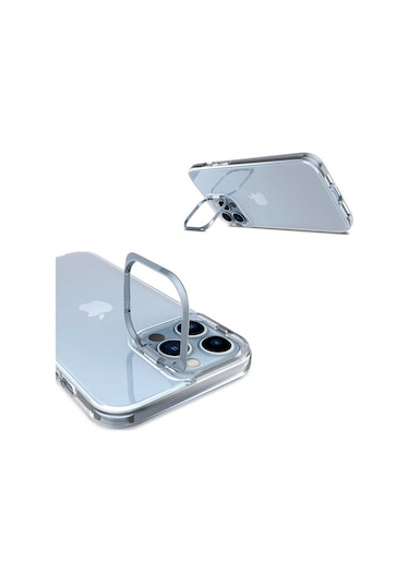 Ekılıf - İphone 13 Pro Max Uyumlu Kılıf Stand Olan Şeffaf Pürüzsüz Sert Skuba Kapak - Gold