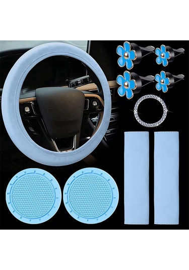 10 Adet Kadınlar İçin Direksiyon Kılıfı Sevimli Aksesuar Seti Mavi Mavi
