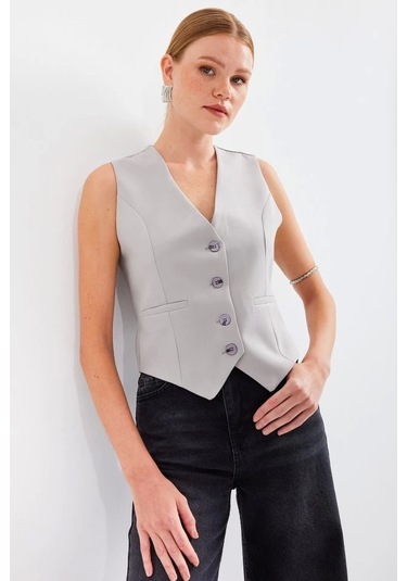 6796 Kısa Dokuma Yelek - Gri Gri