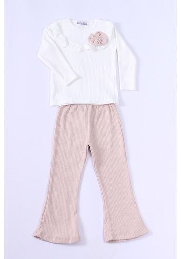 Kız Çocuk Triko Takım Fiyonklu Fırfırlı İspanyol Paça E21 Bej