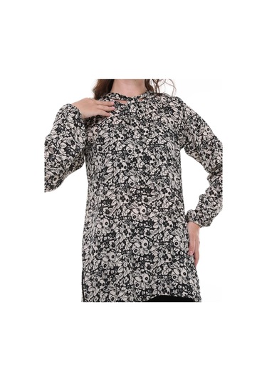 Çiçek Desenli Önden Bağcıklı Bluz-440-siyah - Beyaz
