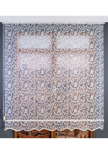 Desenli Çift Mekanizmalı Tül Stor Perde Beyaz