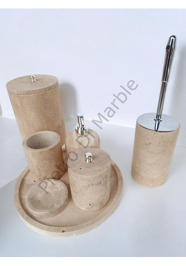 Sarı Traverten Klasik Model 7 Parça Gümüş Renk Düğme Aksesuarlı Banyo Seti Sarı Traverten