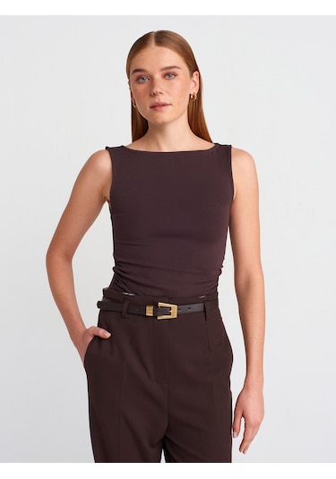 Dilvin 31589 Büzgülü Kayık Yaka Top-koyu Kahve Koyu Kahve