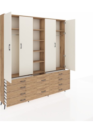 Arges Dolap 9 Raflı 10 Çekmeceli 2 Askılı 220x30x243 Çam-aytaşı/çam Aytası/atlas Çam