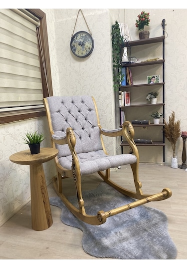 Asedia Vintage Kuğu Naturel Taş Rengi El Oyması Ahşap Sallanan Sandalye Dinlenme Koltuğu