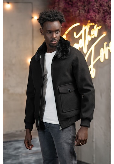 Slimfit Kürklü Sabit Yaka Beli Lastikli Astarlı Kaşe Mont Siyah