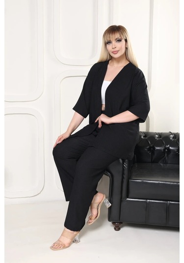 Bürümcük Kumaş Kimono Hırka Alt-üst Takım M-6xl Siyah