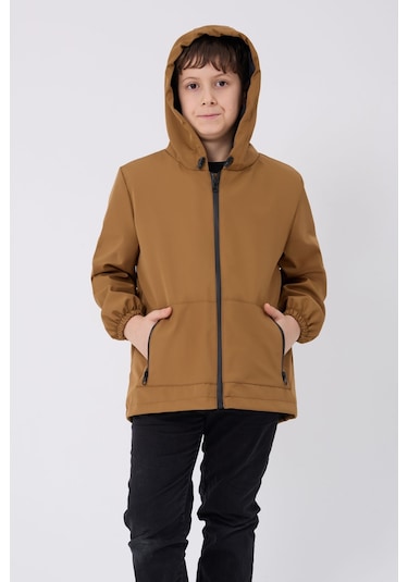 Erkek Çocuk Taba İçi Astarlı Su Ve Rüzgar Geçirmez Kapüşonlu Çift Fermuarlı Cepli Mont Taba