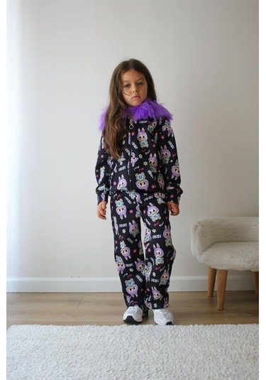 Kız Çocuk Peluş Kapüşonlu Alt Üst Sportif Eşofman Takımı Fermuar Kapamalı Mor