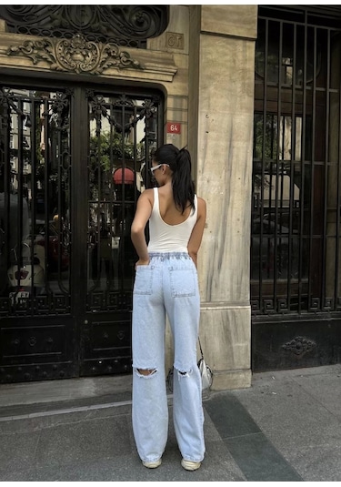 Kadın Arkadan Yırtmaçlı Jeans Kot Palazzo Pantolon - Mavi Mavi