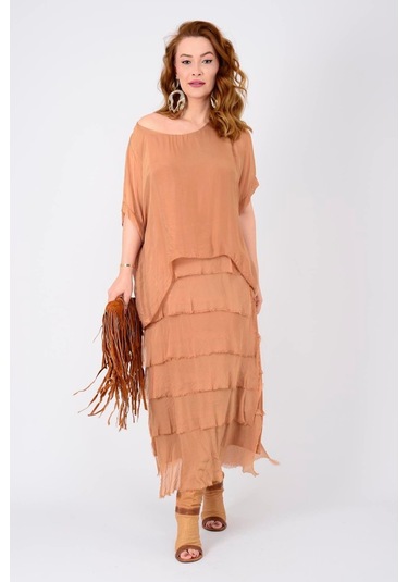 İtalyan 2 Beden İnce Gösteren Yarım Kol Kat Kat Ipek Elbise-8794 Cappuccino