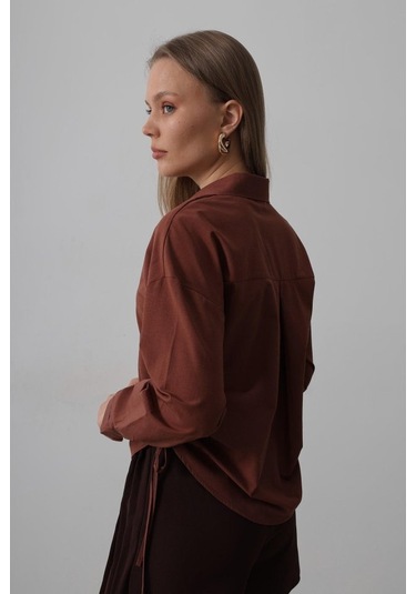 Yanları Bağlamalı Basic Gömlek - Koyu Kahve Kahve