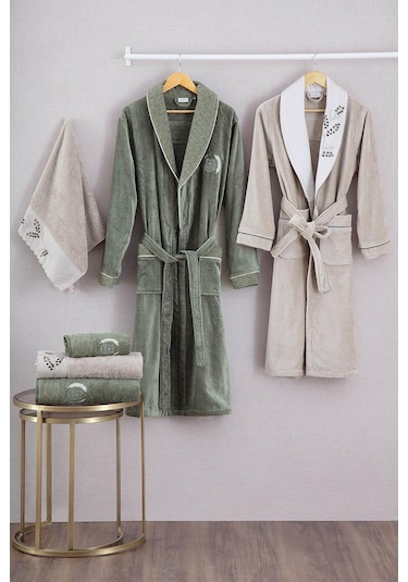 Ecocotton Derin Bej-yeşil "m-l" %100 Organik Pamuk Nakışlı Aile Bornoz Seti Bej - Yeşil