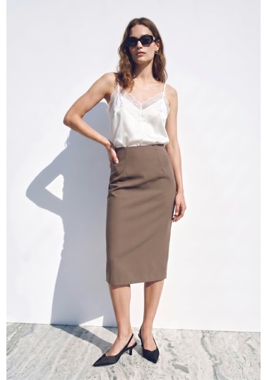 Sateen Düz Kalem Etek - Vizon-137389