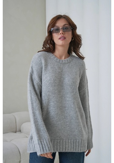 Kadın Bisiklet Yaka Yumuşak Dokulu Oversize Triko Kazak 3032 Gri