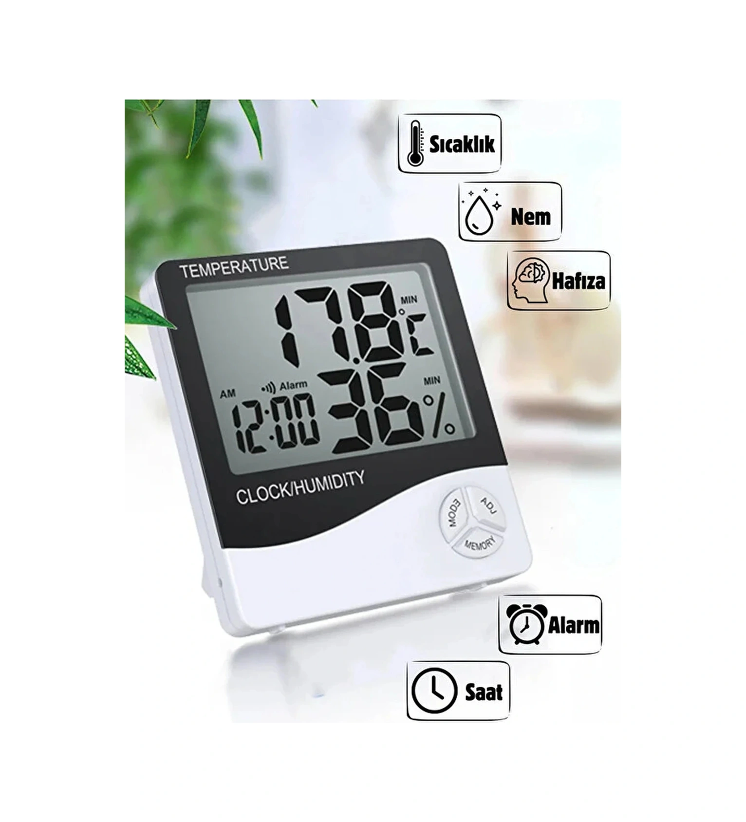 Dijital Oda Termometre Sıcaklık Ve Nem Ölçer Masa Saati Alarm Beyaz