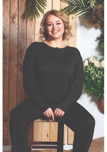 Lukitus Uzun Kol Büyük Beden Bambu Kadın Pijama Takım Siyah