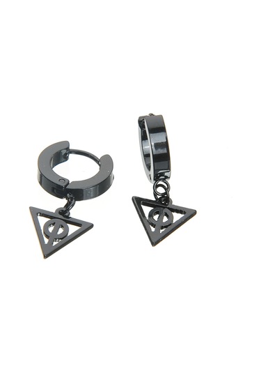 Sallanan Üçgen Siyah Erkek Küpe Çelik Çift Takı Aksesuar W P24 T5 Çelik