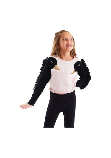 Denokids Mushi Kuğu Kız Triko Kazak Pembe - Siyah
