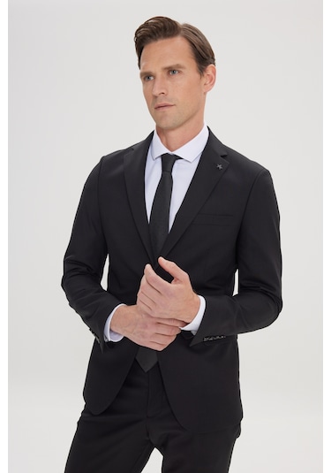 Erkek Sıyah Slim Fit Dar Kesim Mono Yaka Takım Elbise Siyah